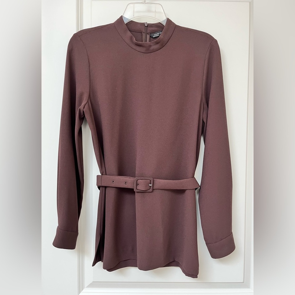 Zara Brown Long Sleeve Belted Blouse Top - XS